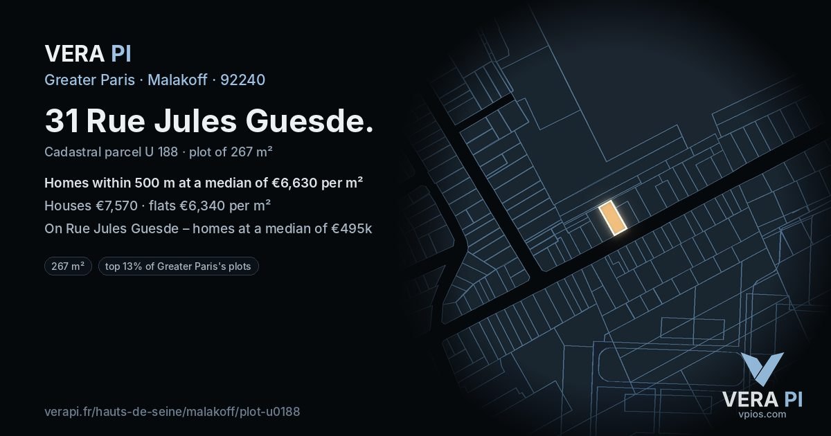 31 Rue Jules Guesde, Malakoff at night – the plot lit, the parcels around coloured by the prices near them