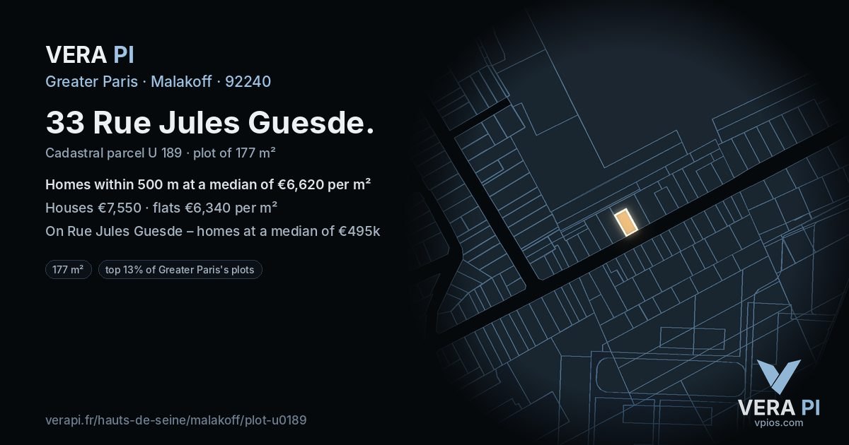 33 Rue Jules Guesde, Malakoff at night – the plot lit, the parcels around coloured by the prices near them