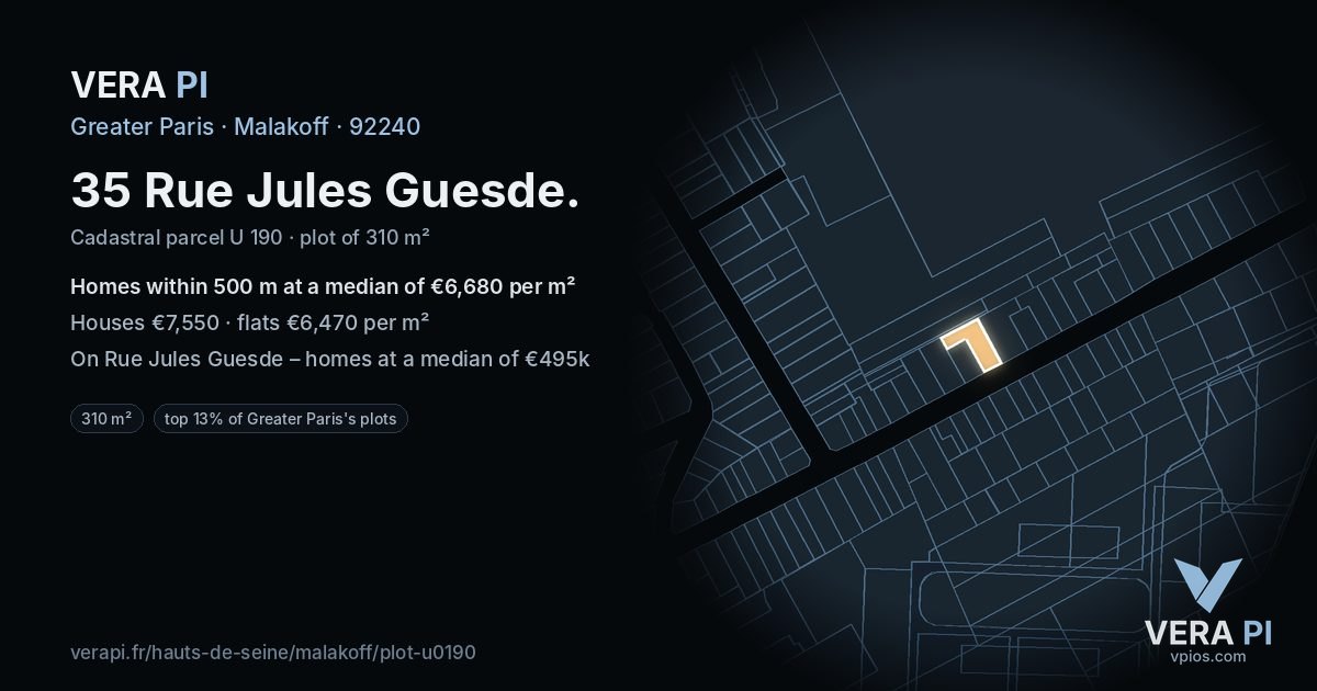 35 Rue Jules Guesde, Malakoff at night – the plot lit, the parcels around coloured by the prices near them