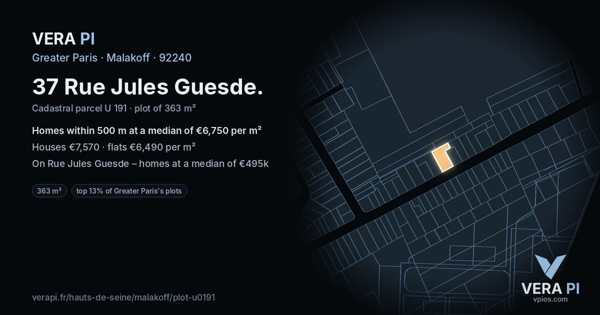 37 Rue Jules Guesde, Malakoff at night – the plot lit, the parcels around coloured by the prices near them