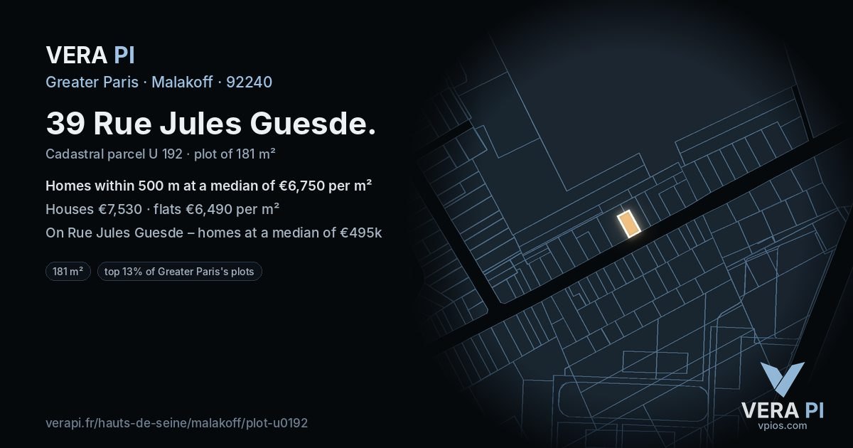 39 Rue Jules Guesde, Malakoff at night – the plot lit, the parcels around coloured by the prices near them