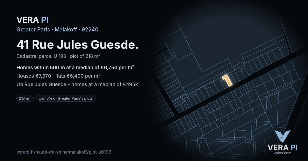41 Rue Jules Guesde, Malakoff at night – the plot lit, the parcels around coloured by the prices near them