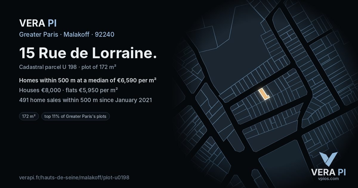 15 Rue de Lorraine, Malakoff at night – the plot lit, the parcels around coloured by the prices near them