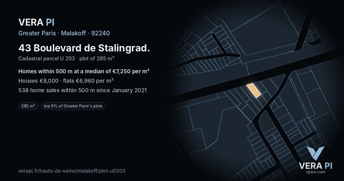 43 Boulevard de Stalingrad, Malakoff at night – the plot lit, the parcels around coloured by the prices near them