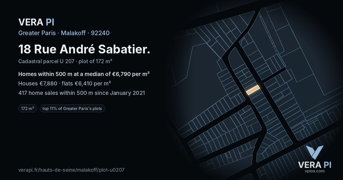 18 Rue André Sabatier, Malakoff at night – the plot lit, the parcels around coloured by the prices near them