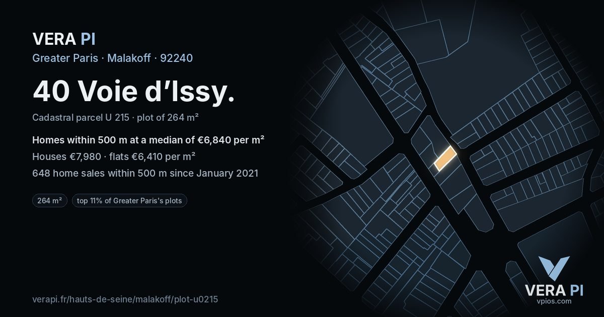 40 Voie d’Issy, Malakoff at night – the plot lit, the parcels around coloured by the prices near them