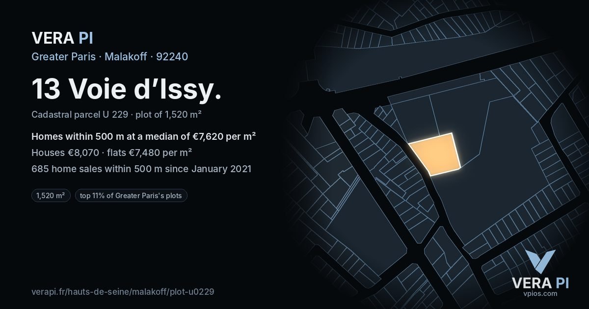 13 Voie d’Issy, Malakoff at night – the plot lit, the parcels around coloured by the prices near them