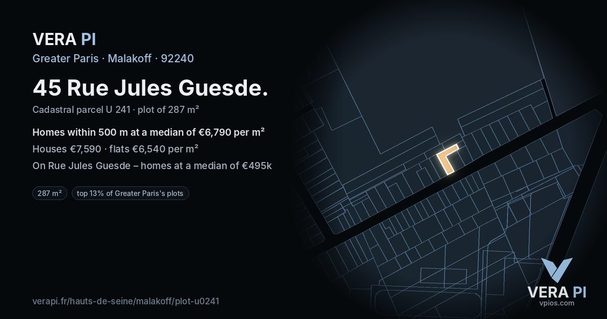 45 Rue Jules Guesde, Malakoff at night – the plot lit, the parcels around coloured by the prices near them