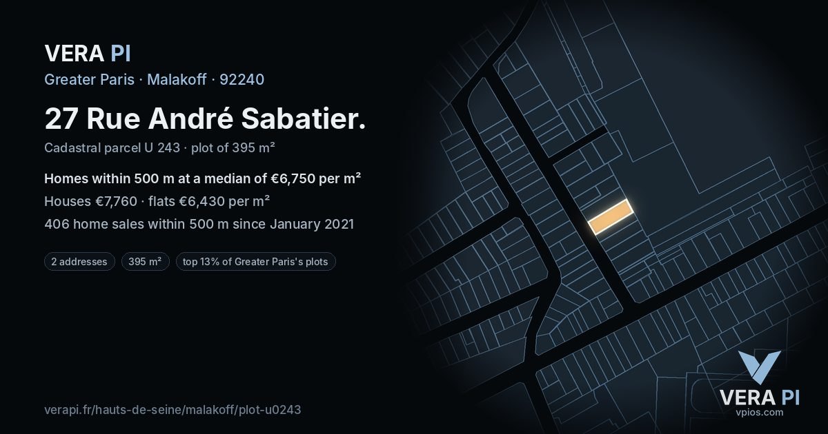 27 Rue André Sabatier, Malakoff at night – the plot lit, the parcels around coloured by the prices near them