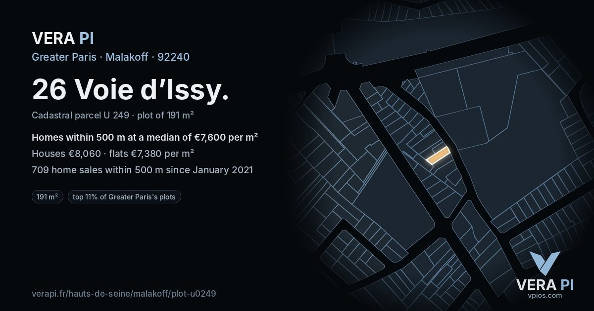 26 Voie d’Issy, Malakoff at night – the plot lit, the parcels around coloured by the prices near them