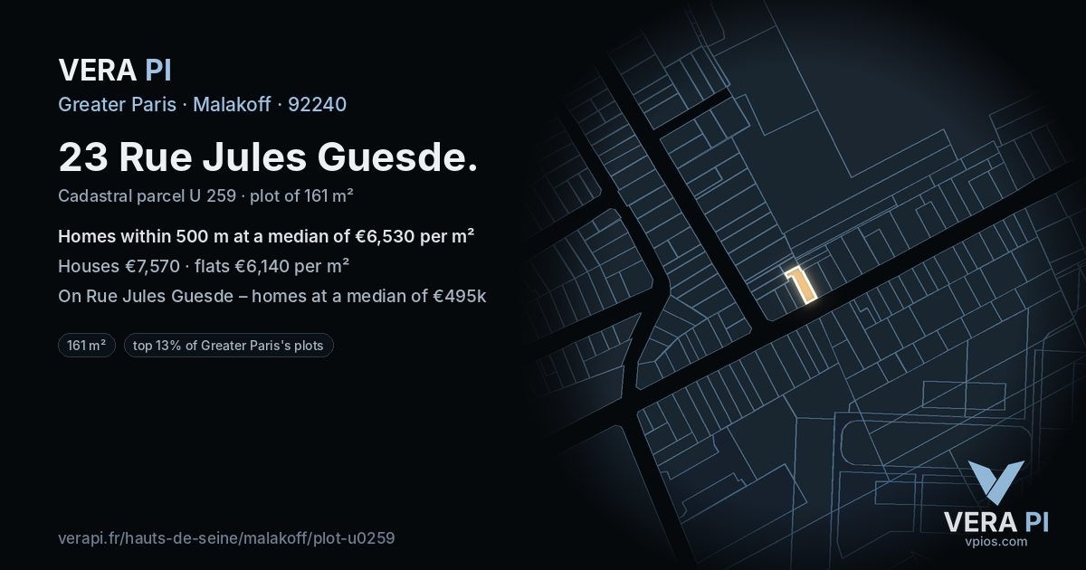 23 Rue Jules Guesde, Malakoff at night – the plot lit, the parcels around coloured by the prices near them