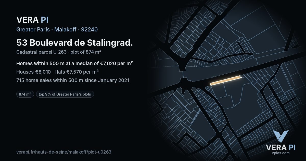 53 Boulevard de Stalingrad, Malakoff at night – the plot lit, the parcels around coloured by the prices near them