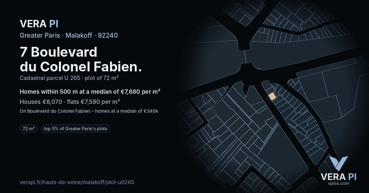 7 Boulevard du Colonel Fabien, Malakoff at night – the plot lit, the parcels around coloured by the prices near them