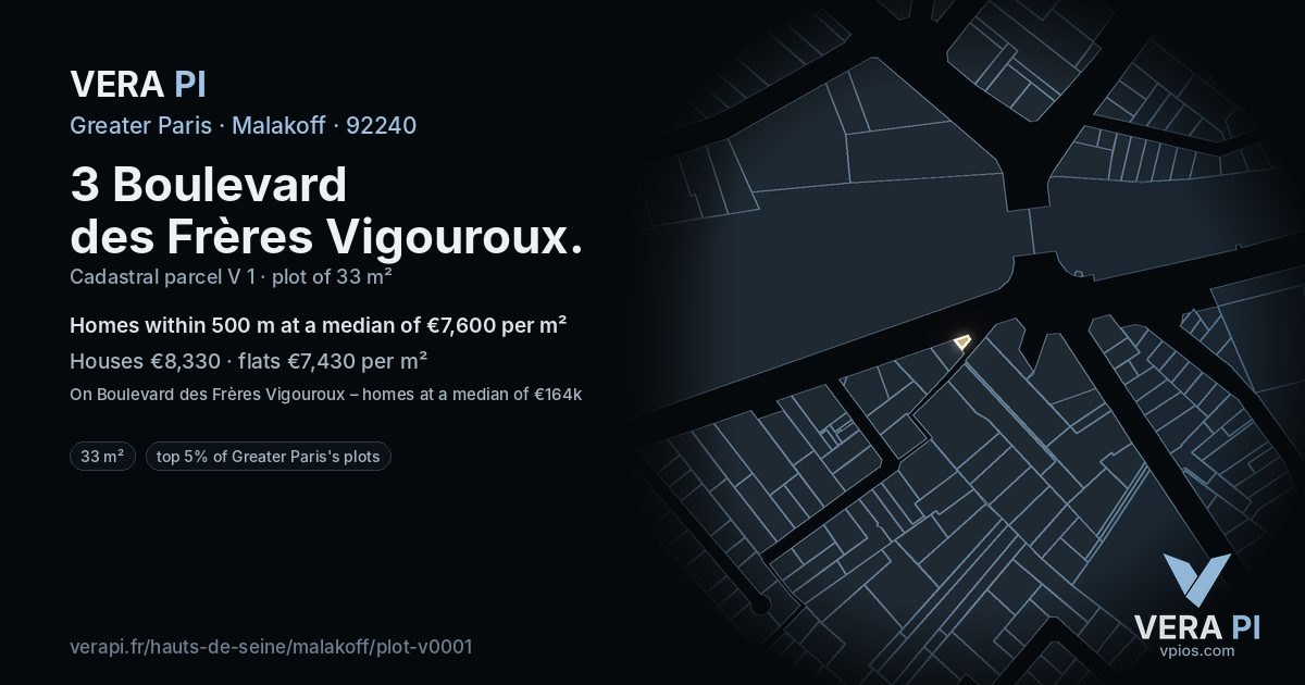 3 Boulevard des Frères Vigouroux, Malakoff at night – the plot lit, the parcels around coloured by the prices near them