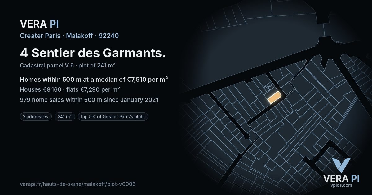 4 Sentier des Garmants, Malakoff at night – the plot lit, the parcels around coloured by the prices near them