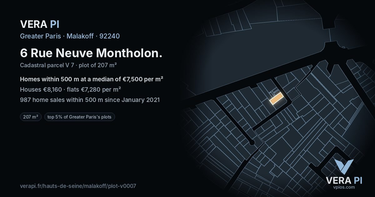 6 Rue Neuve Montholon, Malakoff at night – the plot lit, the parcels around coloured by the prices near them