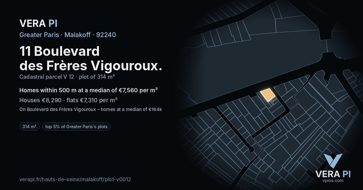11 Boulevard des Frères Vigouroux, Malakoff at night – the plot lit, the parcels around coloured by the prices near them