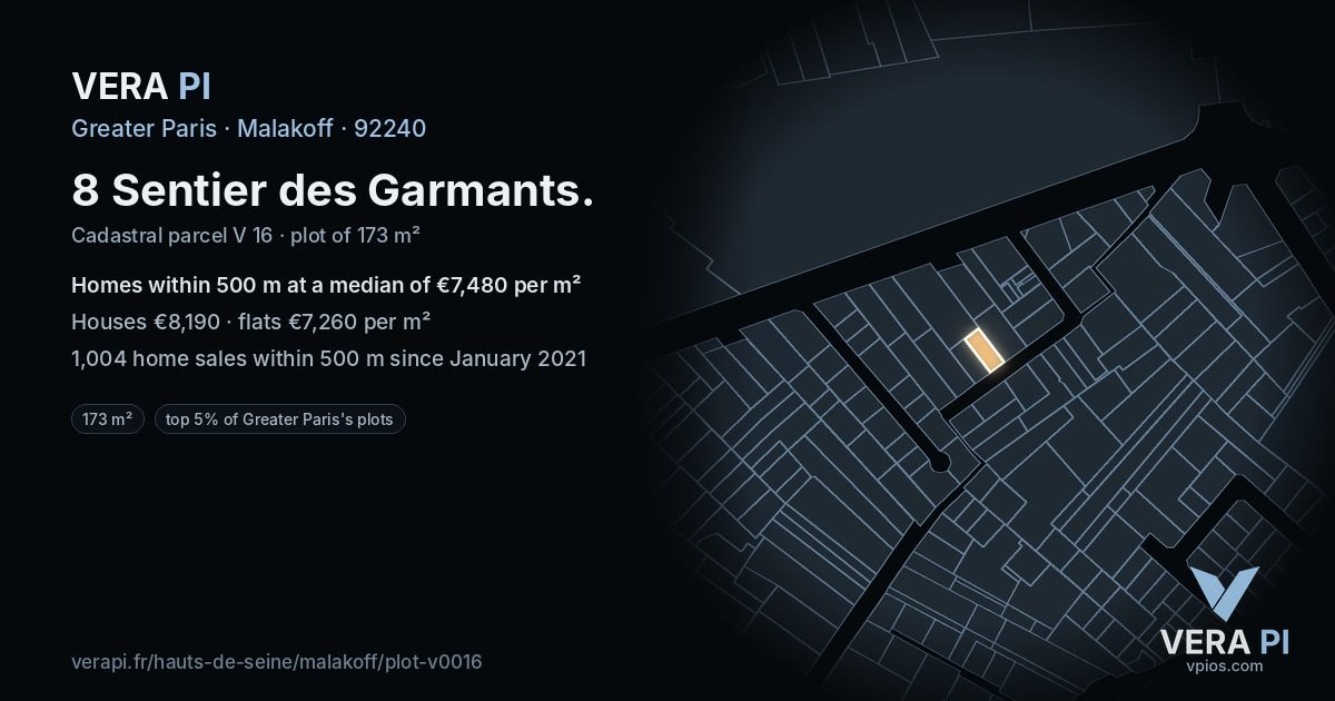 8 Sentier des Garmants, Malakoff at night – the plot lit, the parcels around coloured by the prices near them