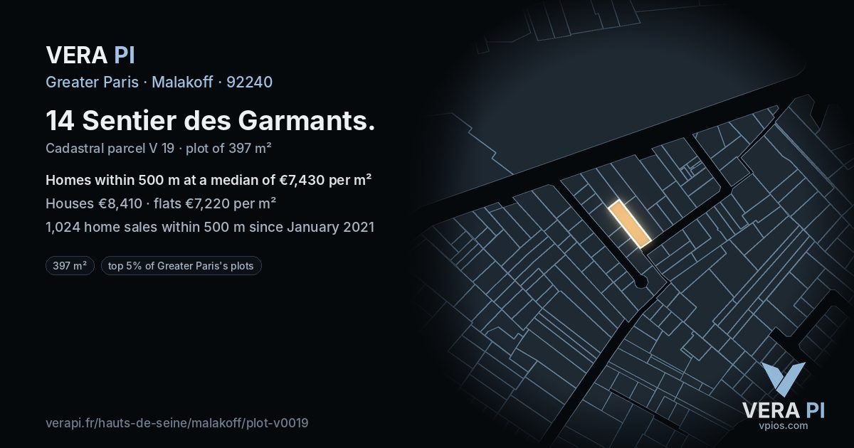 14 Sentier des Garmants, Malakoff at night – the plot lit, the parcels around coloured by the prices near them