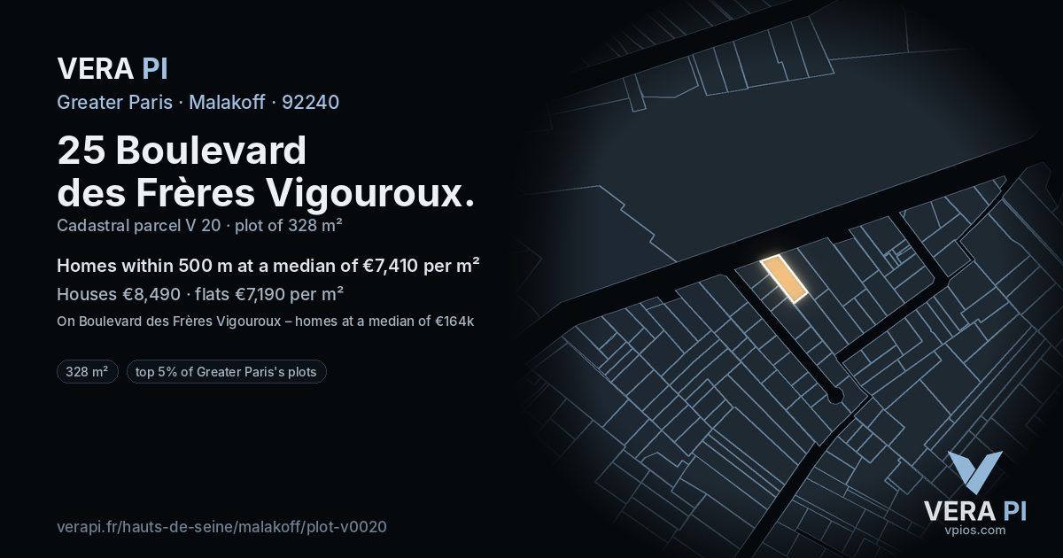25 Boulevard des Frères Vigouroux, Malakoff at night – the plot lit, the parcels around coloured by the prices near them