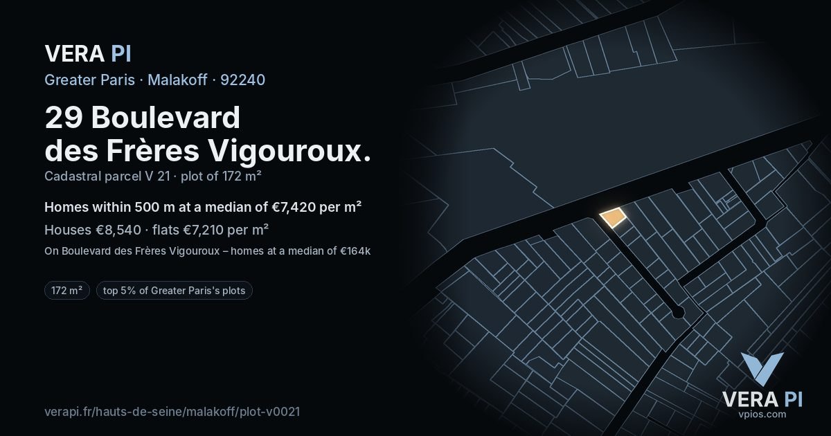 29 Boulevard des Frères Vigouroux, Malakoff at night – the plot lit, the parcels around coloured by the prices near them