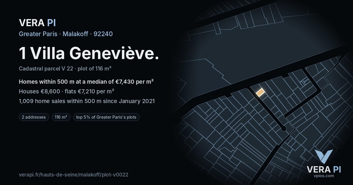 1 Villa Geneviève, Malakoff at night – the plot lit, the parcels around coloured by the prices near them