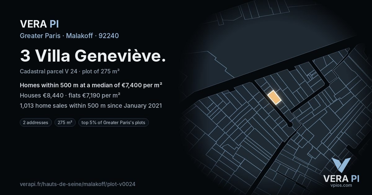 3 Villa Geneviève, Malakoff at night – the plot lit, the parcels around coloured by the prices near them