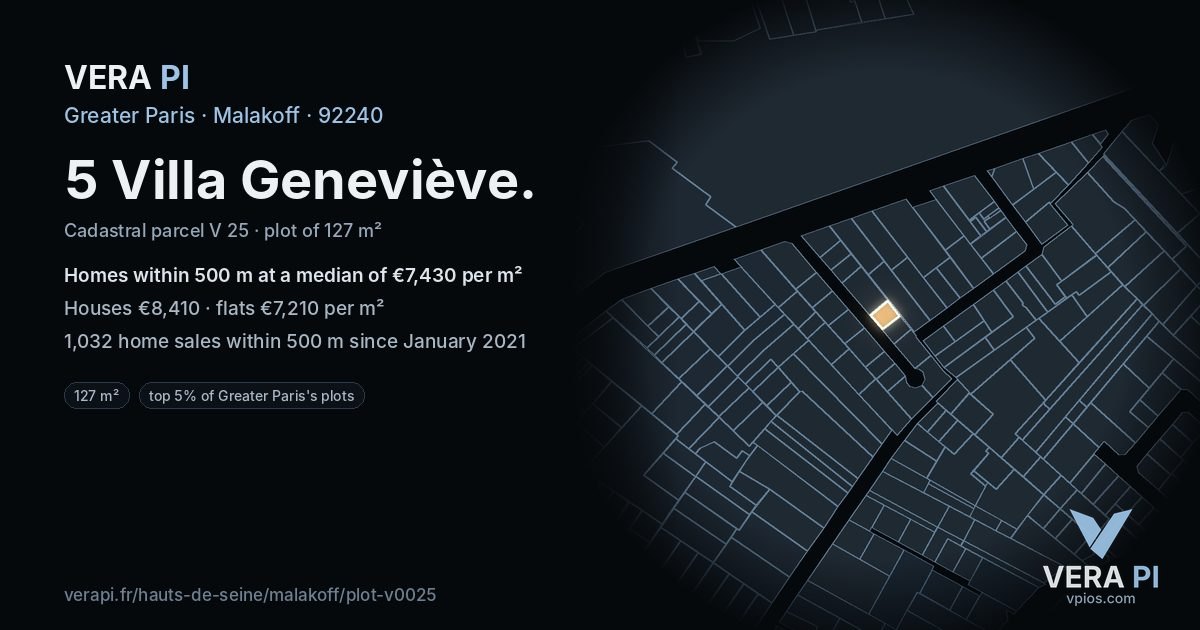5 Villa Geneviève, Malakoff at night – the plot lit, the parcels around coloured by the prices near them