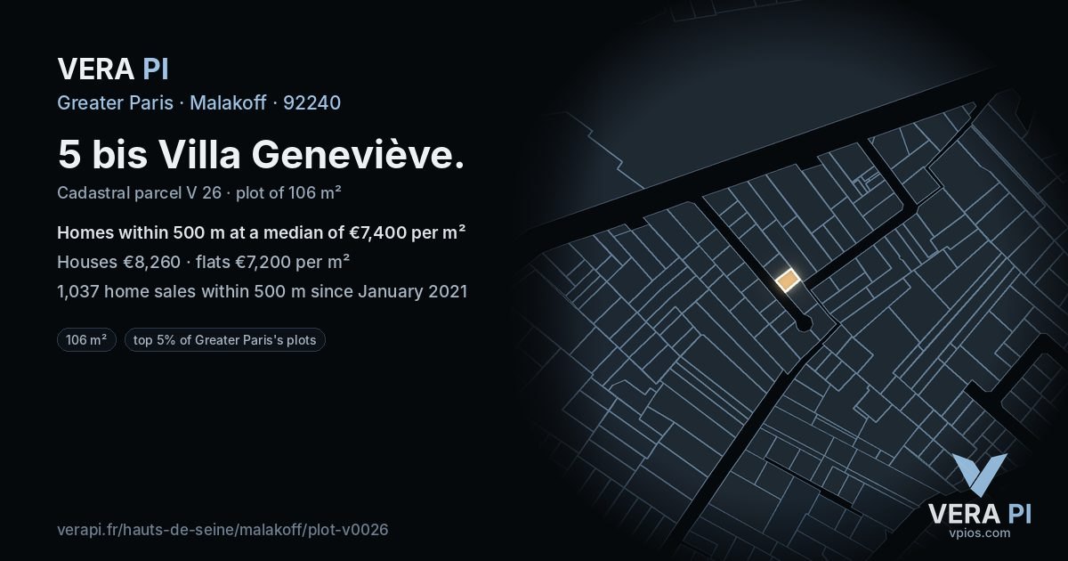 5 bis Villa Geneviève, Malakoff at night – the plot lit, the parcels around coloured by the prices near them