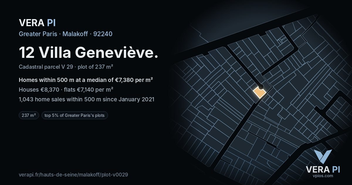 12 Villa Geneviève, Malakoff at night – the plot lit, the parcels around coloured by the prices near them