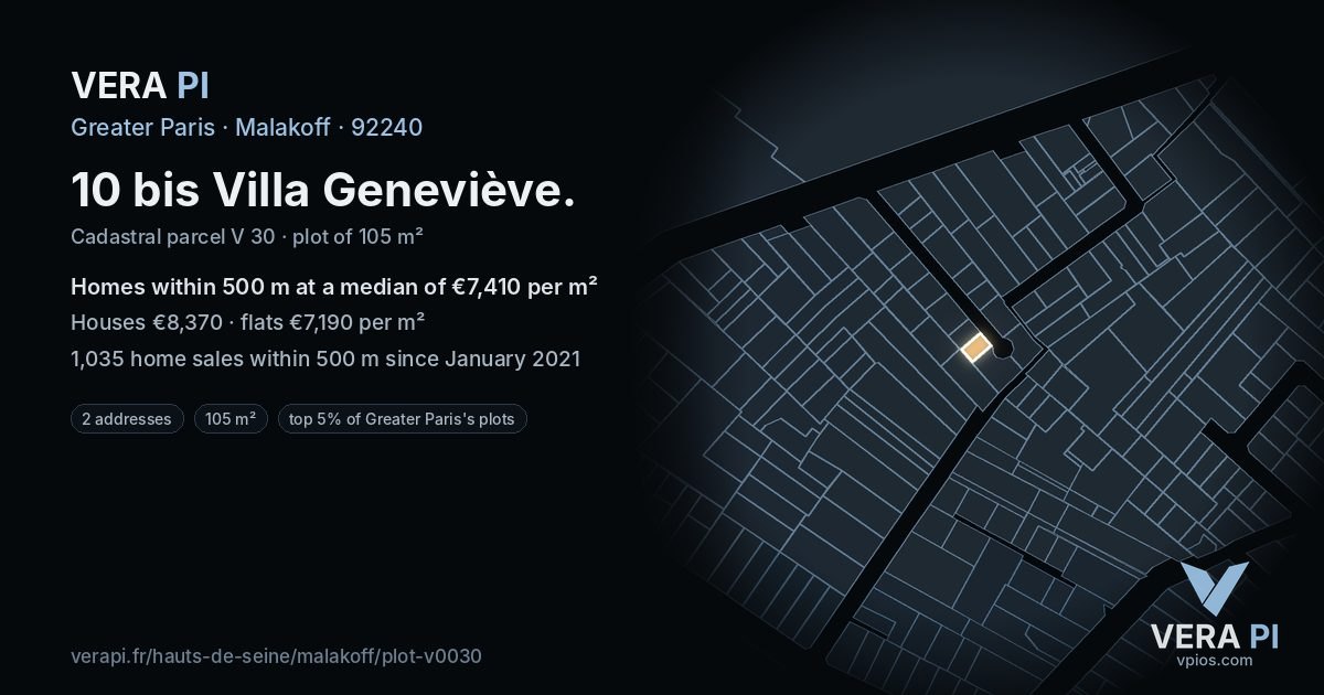 10 bis Villa Geneviève, Malakoff at night – the plot lit, the parcels around coloured by the prices near them