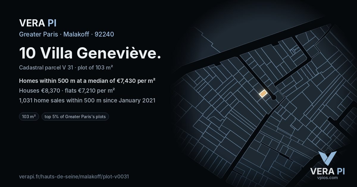 10 Villa Geneviève, Malakoff at night – the plot lit, the parcels around coloured by the prices near them