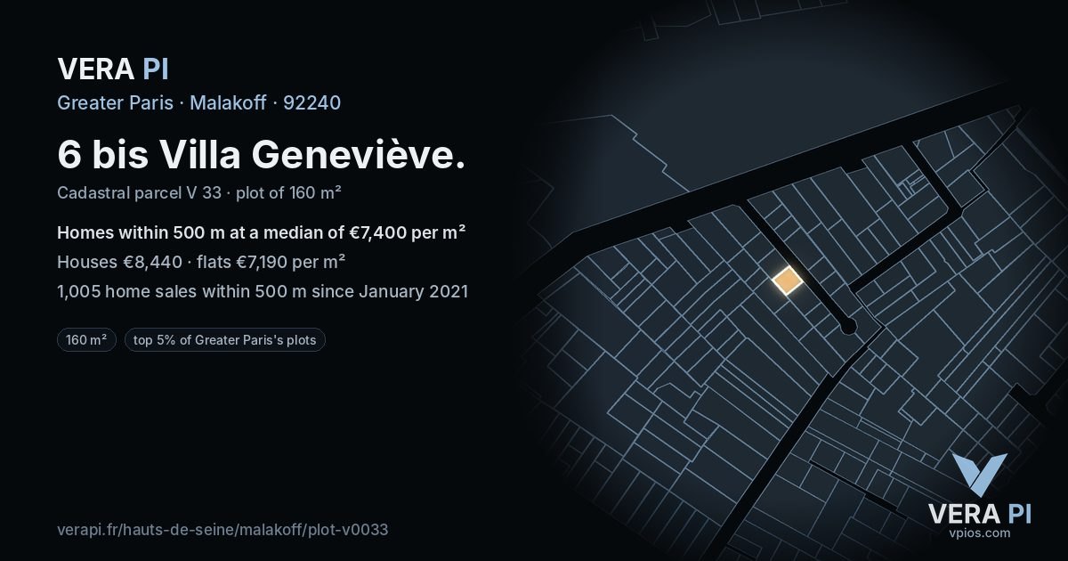 6 bis Villa Geneviève, Malakoff at night – the plot lit, the parcels around coloured by the prices near them