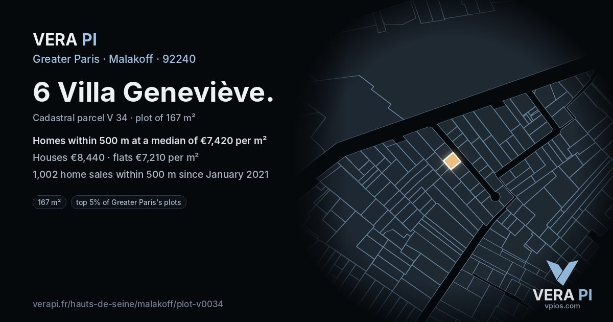 6 Villa Geneviève, Malakoff at night – the plot lit, the parcels around coloured by the prices near them
