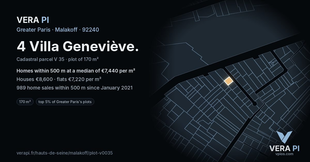 4 Villa Geneviève, Malakoff at night – the plot lit, the parcels around coloured by the prices near them