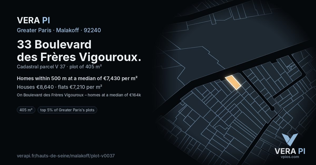 33 Boulevard des Frères Vigouroux, Malakoff at night – the plot lit, the parcels around coloured by the prices near them