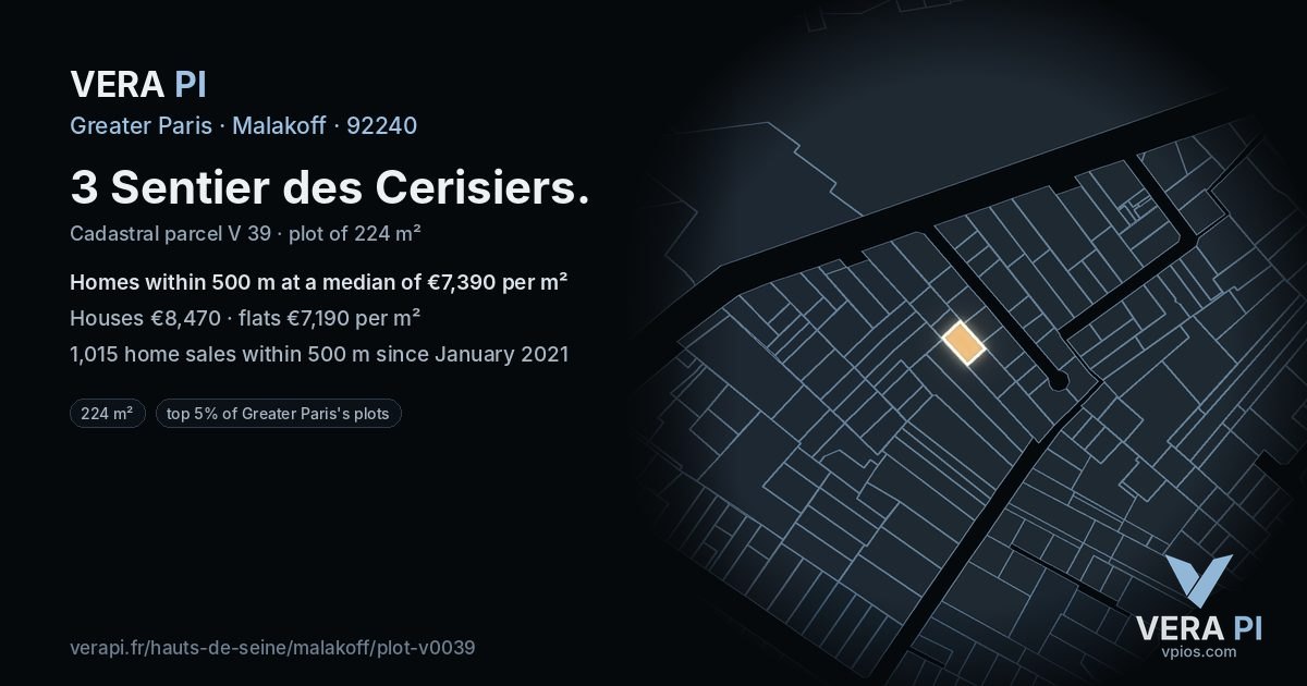 3 Sentier des Cerisiers, Malakoff at night – the plot lit, the parcels around coloured by the prices near them
