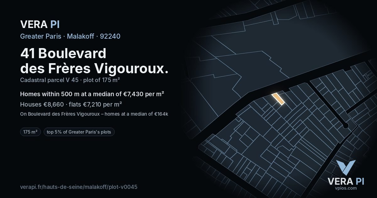 41 Boulevard des Frères Vigouroux, Malakoff at night – the plot lit, the parcels around coloured by the prices near them