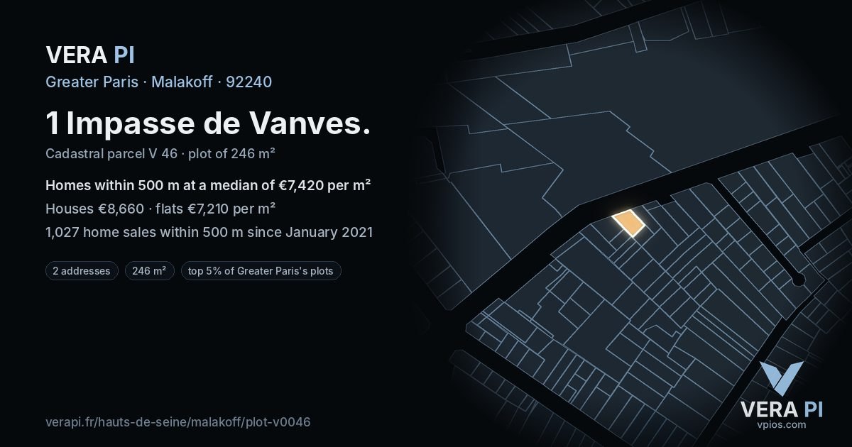 1 Impasse de Vanves, Malakoff at night – the plot lit, the parcels around coloured by the prices near them