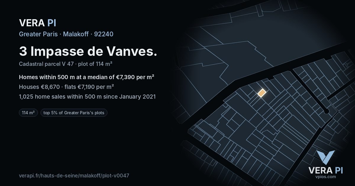 3 Impasse de Vanves, Malakoff at night – the plot lit, the parcels around coloured by the prices near them