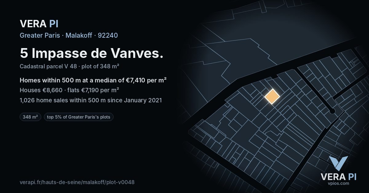 5 Impasse de Vanves, Malakoff at night – the plot lit, the parcels around coloured by the prices near them