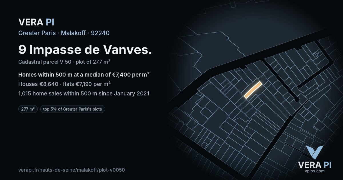 9 Impasse de Vanves, Malakoff at night – the plot lit, the parcels around coloured by the prices near them