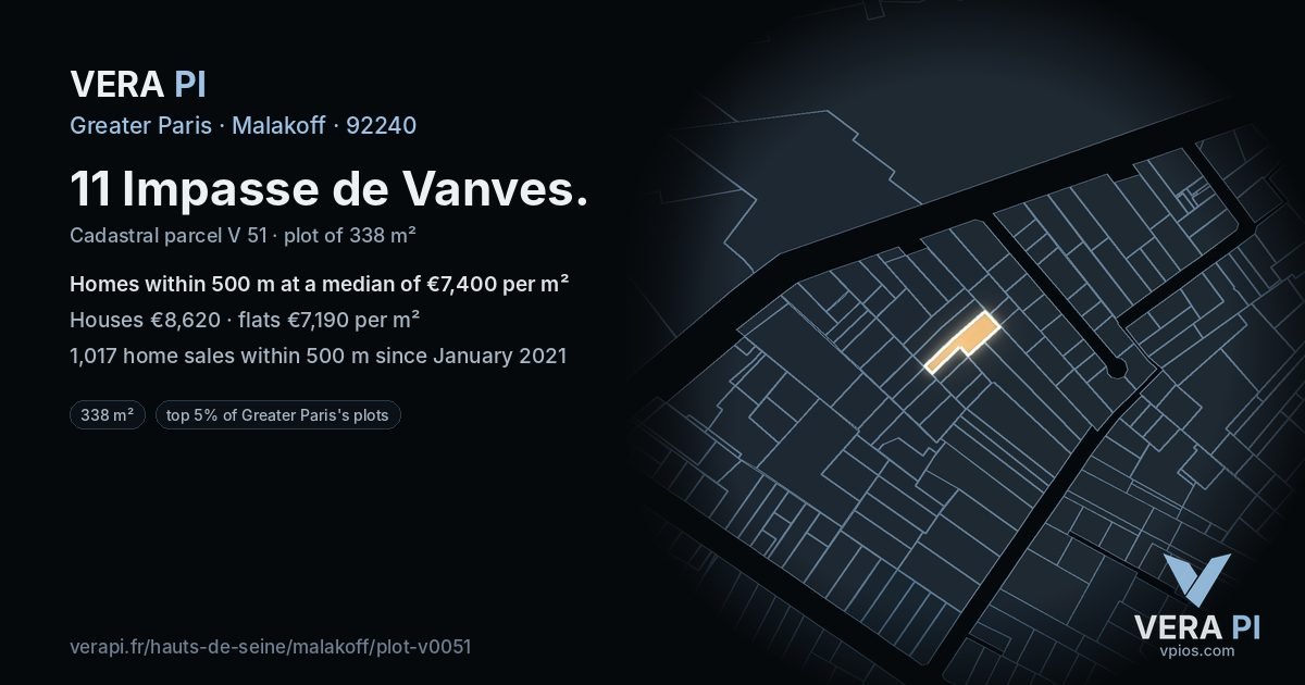 11 Impasse de Vanves, Malakoff at night – the plot lit, the parcels around coloured by the prices near them