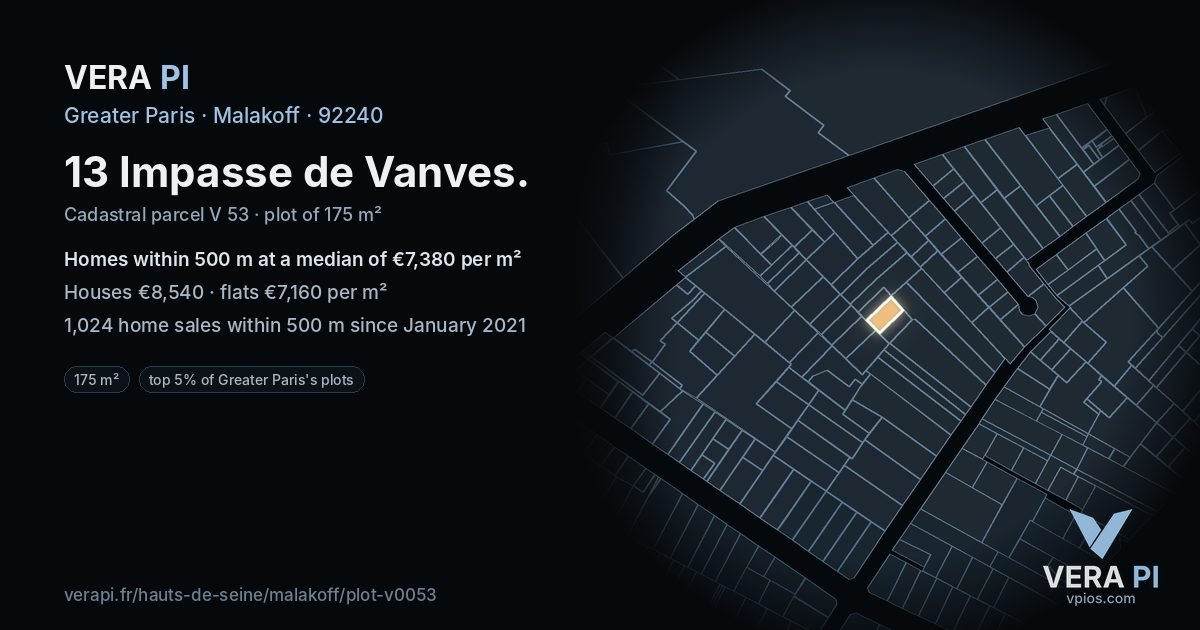13 Impasse de Vanves, Malakoff at night – the plot lit, the parcels around coloured by the prices near them