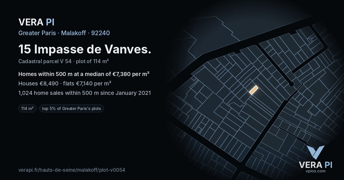 15 Impasse de Vanves, Malakoff at night – the plot lit, the parcels around coloured by the prices near them