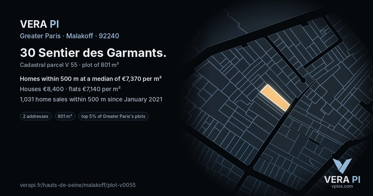 30 Sentier des Garmants, Malakoff at night – the plot lit, the parcels around coloured by the prices near them