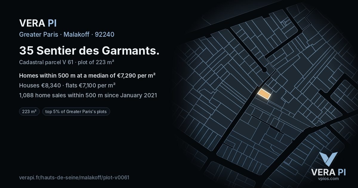 35 Sentier des Garmants, Malakoff at night – the plot lit, the parcels around coloured by the prices near them