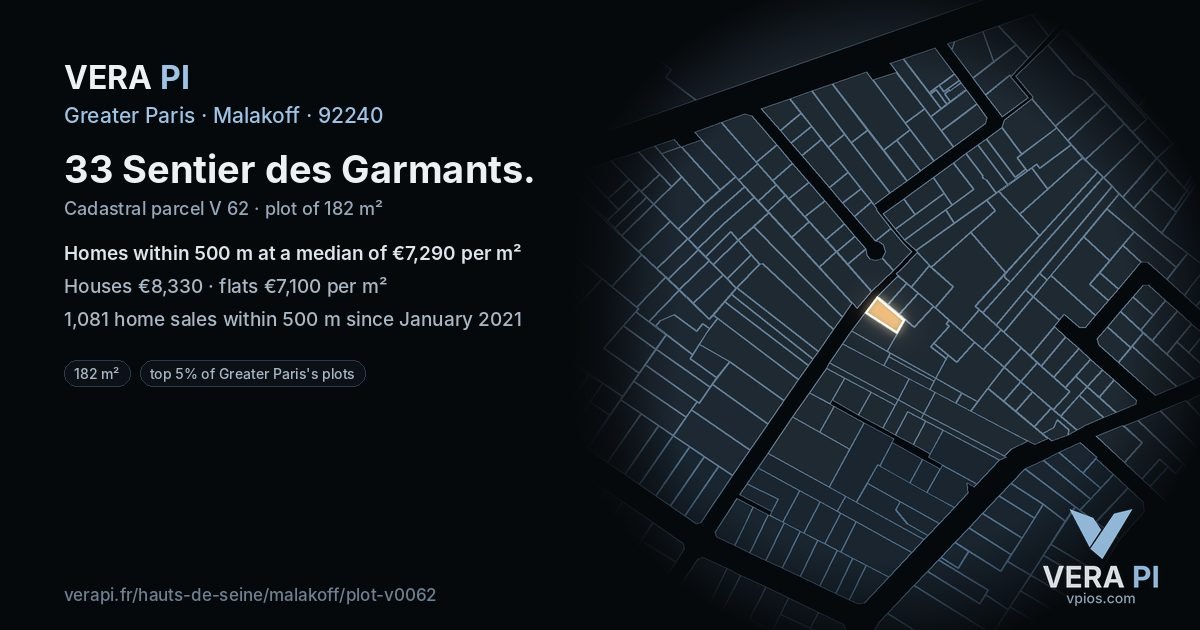 33 Sentier des Garmants, Malakoff at night – the plot lit, the parcels around coloured by the prices near them