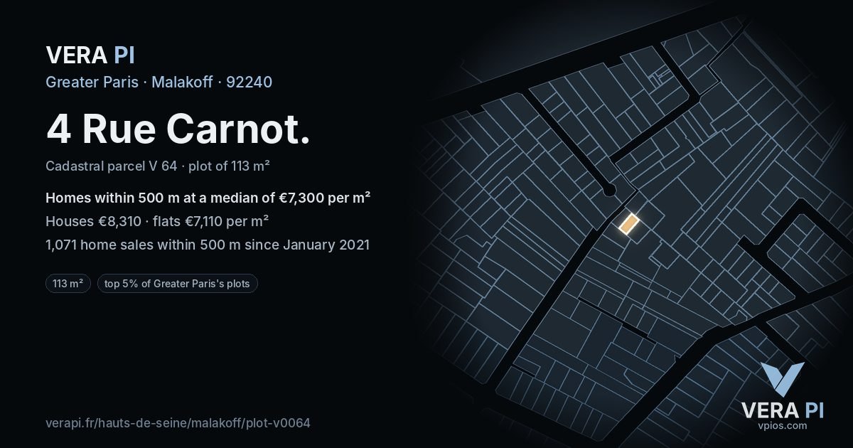 4 Rue Carnot, Malakoff at night – the plot lit, the parcels around coloured by the prices near them