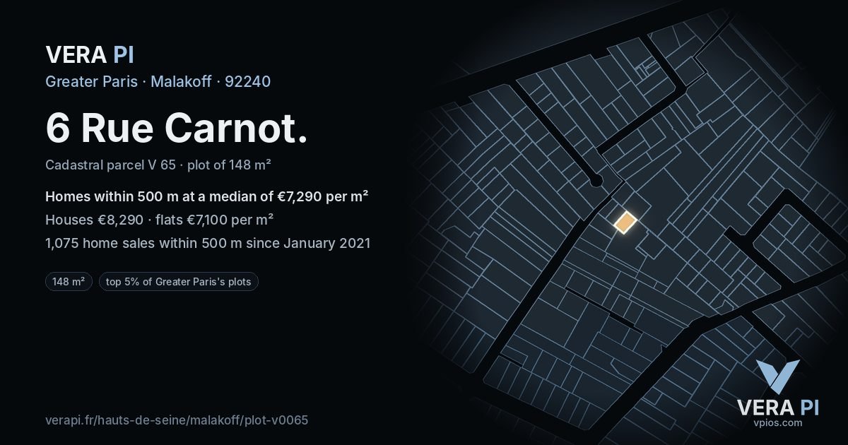 6 Rue Carnot, Malakoff at night – the plot lit, the parcels around coloured by the prices near them